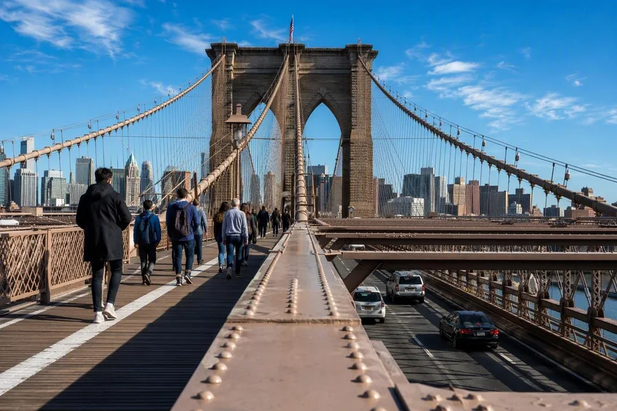 Voetgangers steken Brooklyn Bridge over via de verhoogde promenade tussen stenen torens boven het verkeer.