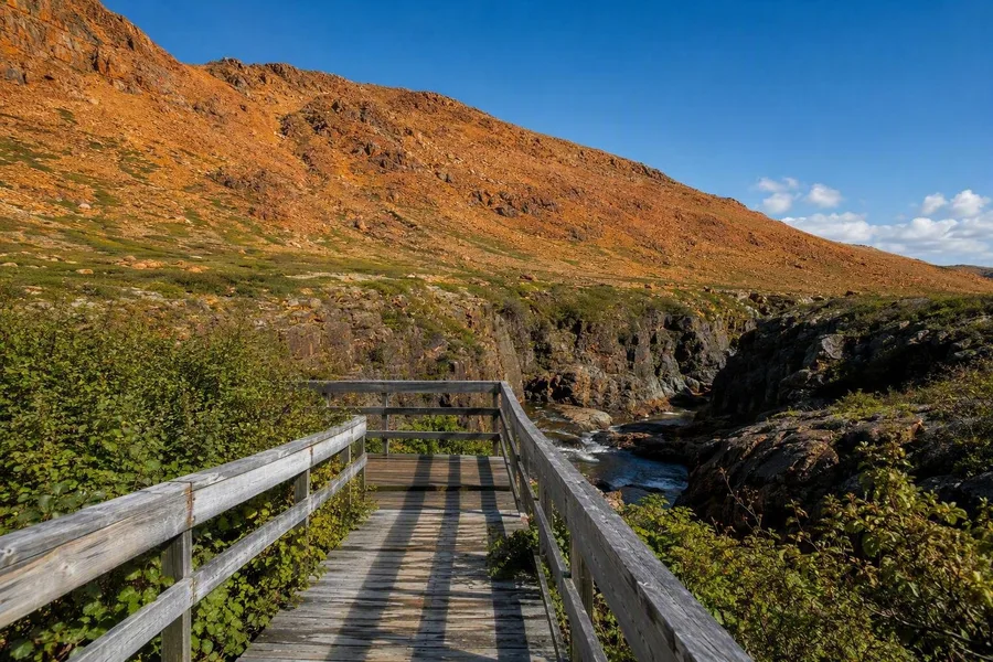 Een houten vlonder bereikt het uitzichtpunt boven Winter House Brook in de Tablelands-kloof.