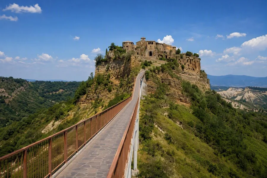 De voetbrug van 300 meter leidt naar Civita boven de uitgesleten Valle dei Calanchi.