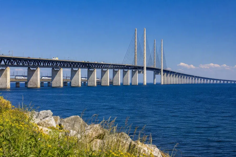 Wegverkeer rijdt boven treinen over de Øresundbrug tussen Denemarken en Zweden.