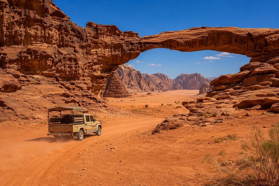 Een lokale 4x4 rijdt door de zandvallei van Wadi Rum onder zandstenen kliffen in Jordanië.