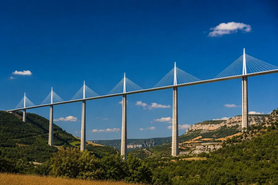 Het Viaduct van Millau steekt de Tarnvallei over op betonnen pijlers en witte tuikabels.