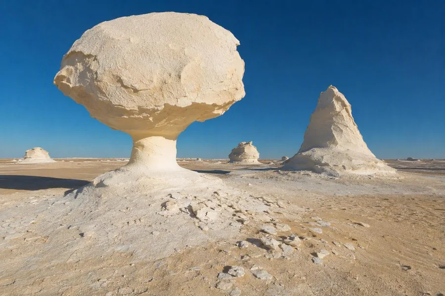 Door wind gevormde krijtpaddenstoelen en kegels rijzen op in de White Desert in Egypte.
