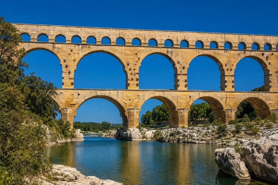 De drie bogenrijen van Pont du Gard steken het rotsachtige dal van de Gardon over.
