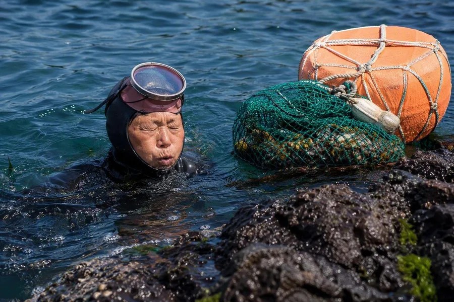 Een haenyeo herstelt naast haar tewak na een duik op adem langs Jeju’s basaltkust.
