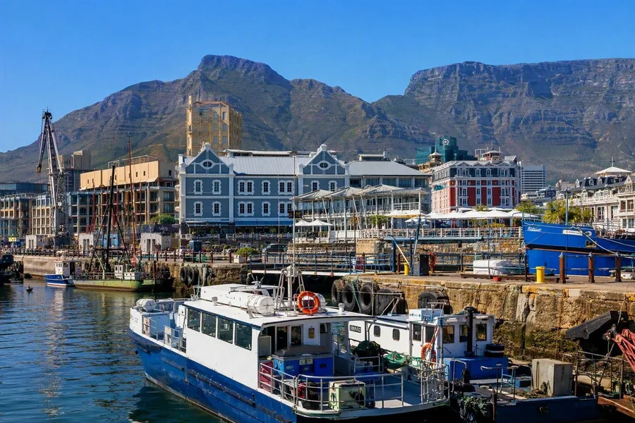 Boten en werkende kades liggen bij de V&A Waterfront onder de Tafelberg.
