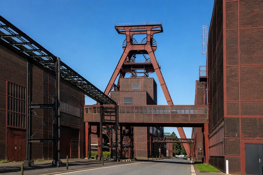 Het dubbele hijsframe rijst boven bakstenen hallen en transportbruggen op bij Zollverein in Essen.