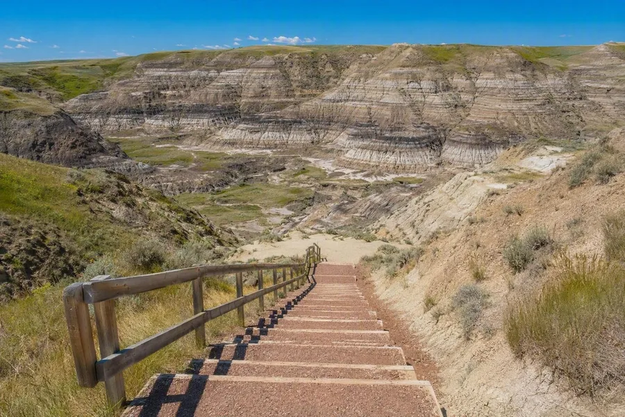 A stairway descends from the rim into Horseshoe Canyon west of Drumheller.