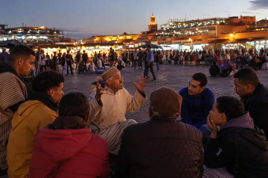 Een verteller gebaart naar luisteraars naast restaurantstalletjes op Jemaa el-Fna in Marrakesh.