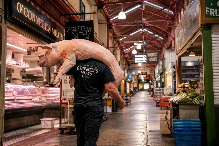 Een slager van O’Connell’s Meats draagt een varkenskarkas door de heldere gangen van Adelaide Central Market.