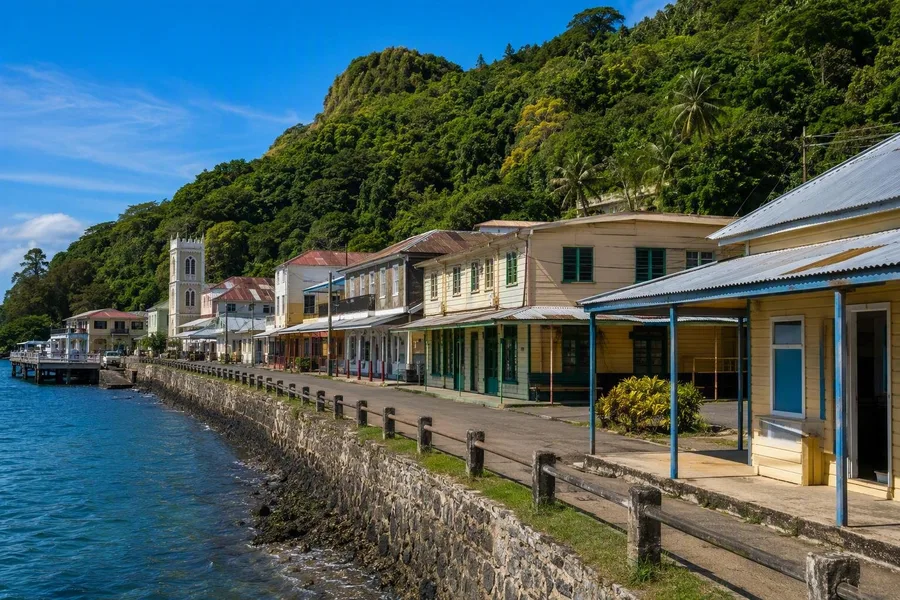 De zeewering, lage handelspanden en beboste vulkaanhelling langs Beach Street in Levuka.