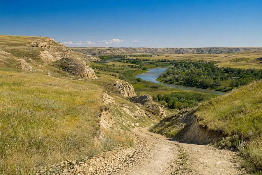 De onverharde Ecotour Scenic Drive daalt door coulees naar de Frenchman River.