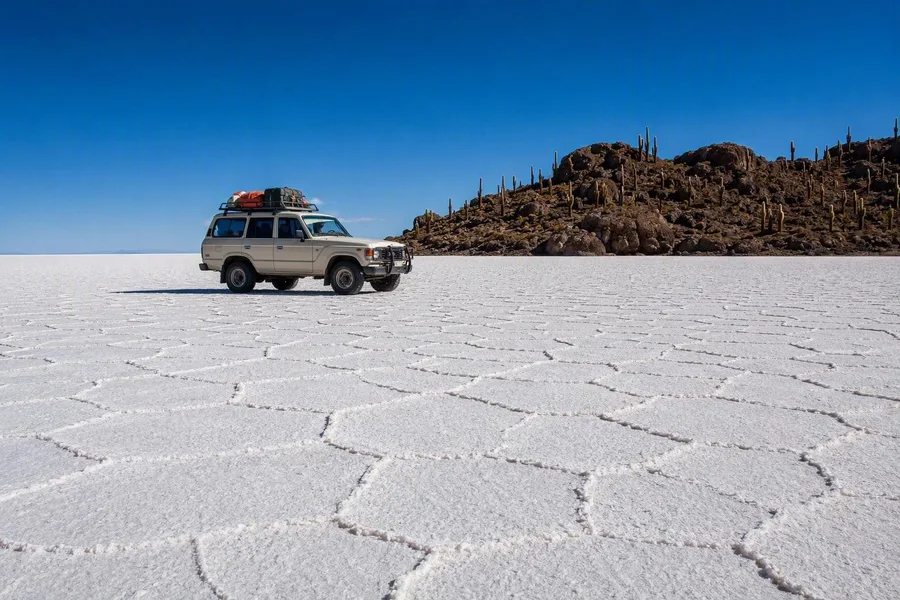 Een terreinwagen rijdt over zoutveelhoeken op de Salar de Uyuni bij Incahuasi.