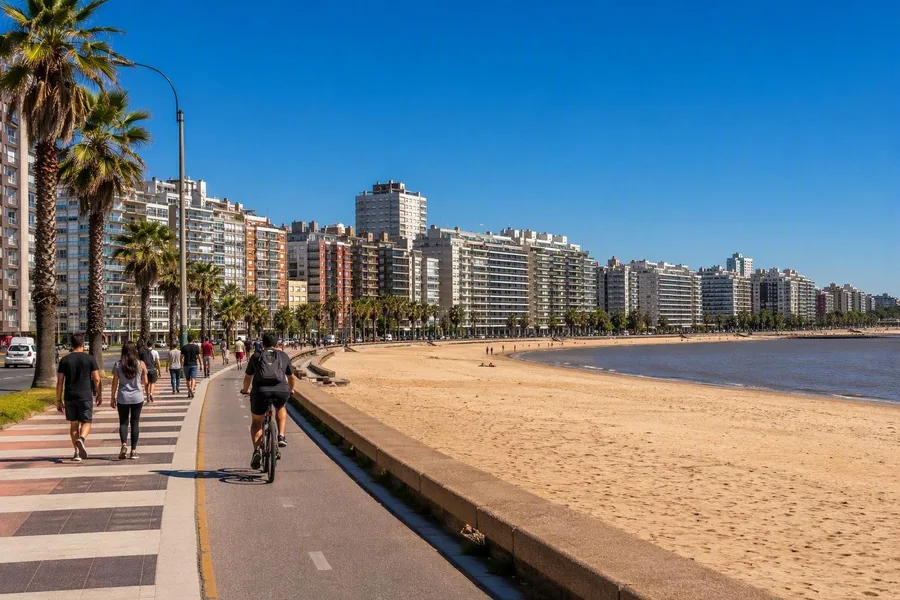 Mensen wandelen en fietsen langs Playa de los Pocitos op Montevideo’s Rambla República del Perú.