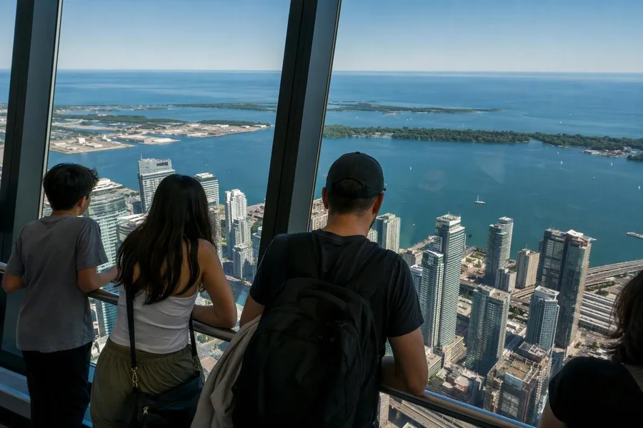 Bezoekers kijken vanaf het observatiedek van de CN Tower uit over de haven en Lake Ontario.