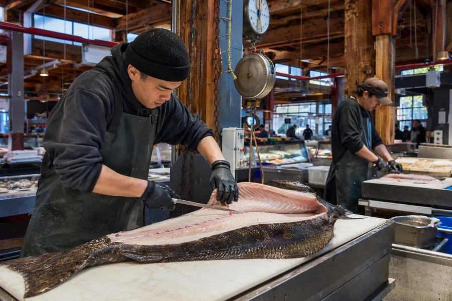 Visverkopers fileren heilbot onder zware houten balken in de Public Market op Granville Island.