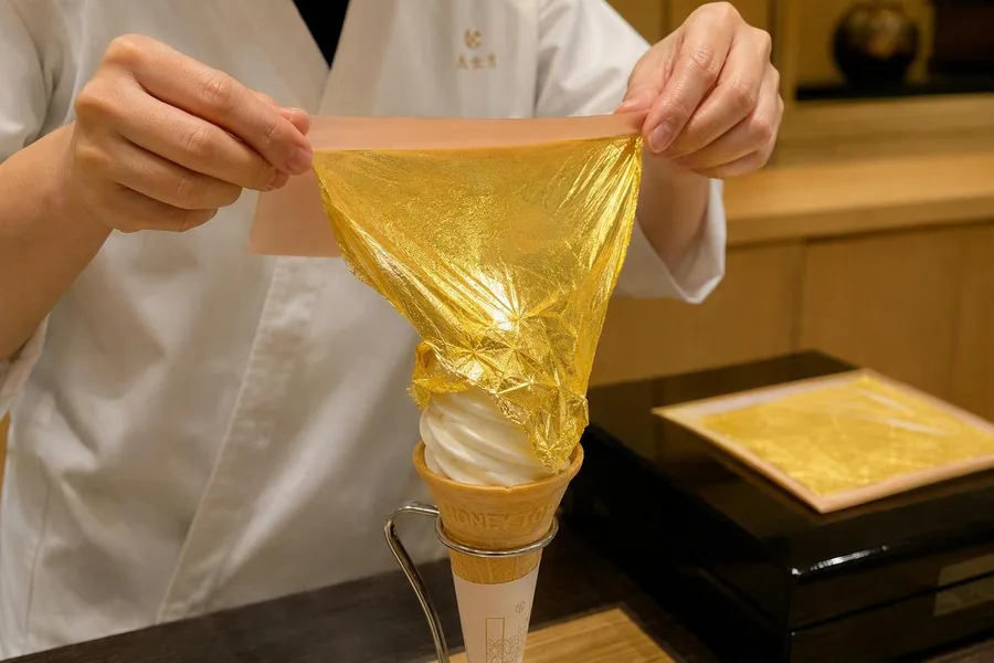 Een medewerker van Hakuichi legt een volledig vel bladgoud over softijs in Kanazawa.