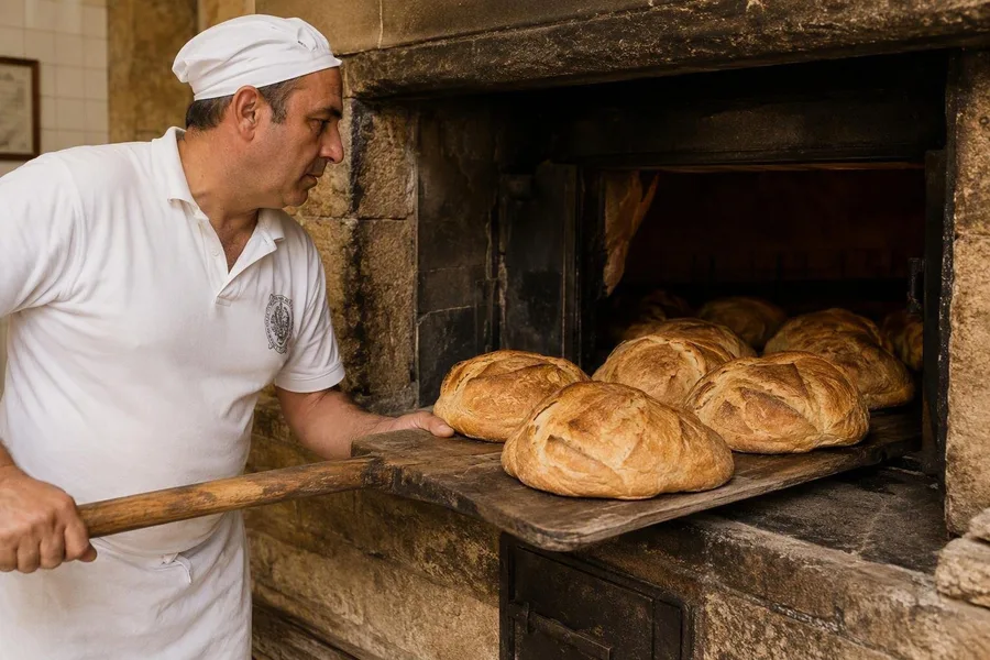 Een bakker haalt verse Pane di Altamura-broden uit de houtoven in Altamura.
