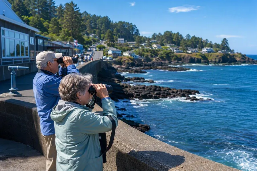 Bezoekers speuren vanaf de openbare zeewering de rotsige baai van Depoe Bay af.