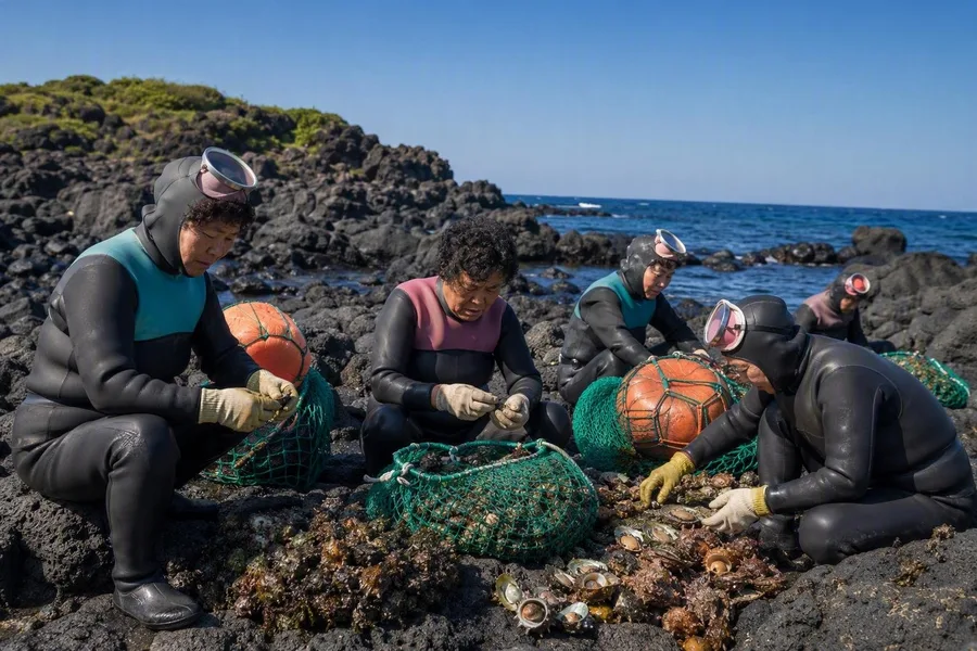Haenyeo sorteren netzakken op soort en maat aan de basaltkust van Jeju.