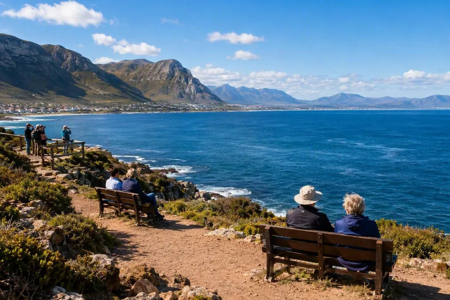 Bezoekers speuren Walker Bay af vanaf banken en uitkijkpunten langs het Cliff Path in Hermanus.