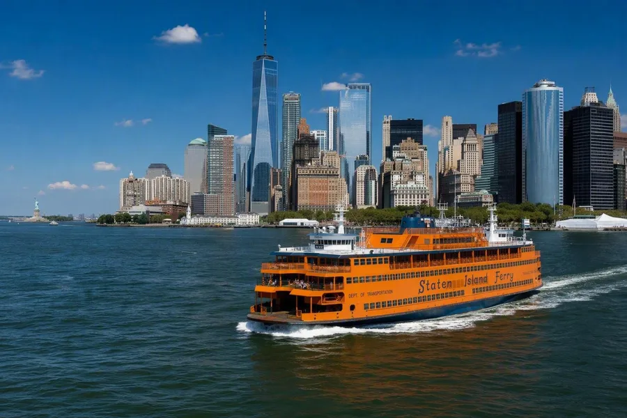 De Staten Island Ferry vertrekt uit Whitehall met Lower Manhattan achter zich en het Vrijheidsbeeld vooruit.