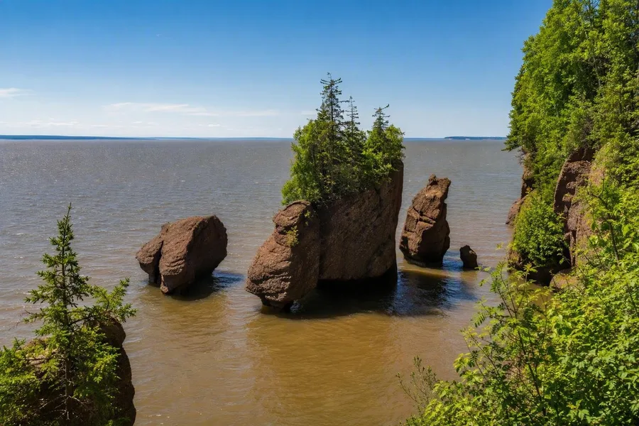 Vloedwater omringt de roodbruine zeestapels bij Hopewell Rocks en verbergt de vroegere looproute.