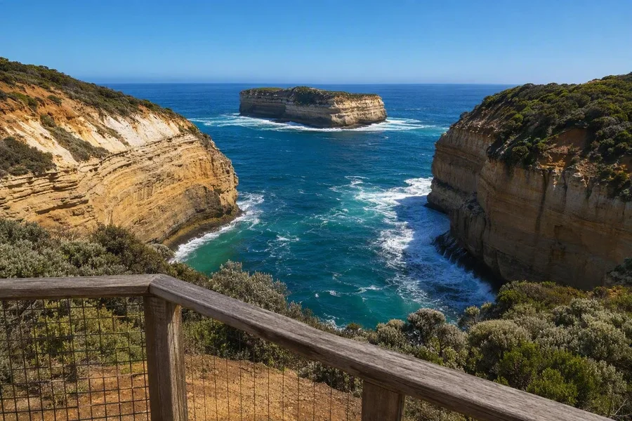 Een uitzichtpunt op de klif omlijst Loch Ard Gorge en Mutton Bird Island aan de Shipwreck Coast.