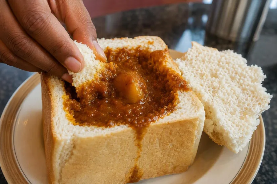 In het Britannia Hotel scheuren vingers brood in currygevulde bunny chow.