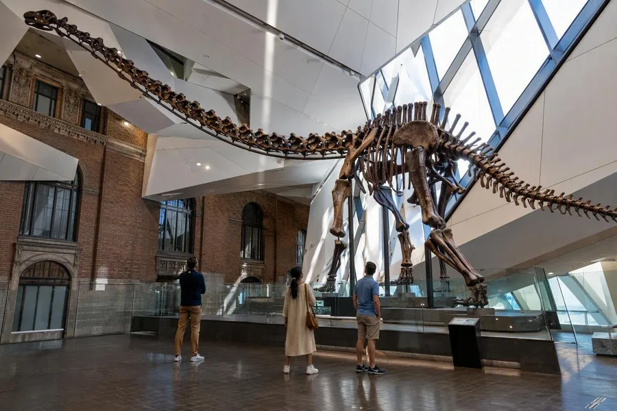 Bezoekers staan onder de torenhoge Futalognkosaurus in de Currelly Gallery van het Royal Ontario Museum.
