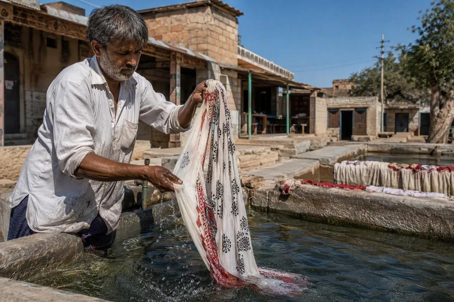 Een Khatri-maker spoelt katoen bij de gemeenschappelijke wasplaats in Ajrakhpur.