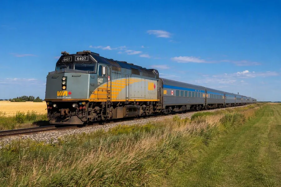Een VIA Rail-trein rijdt door akkers bij Portage la Prairie in Manitoba.