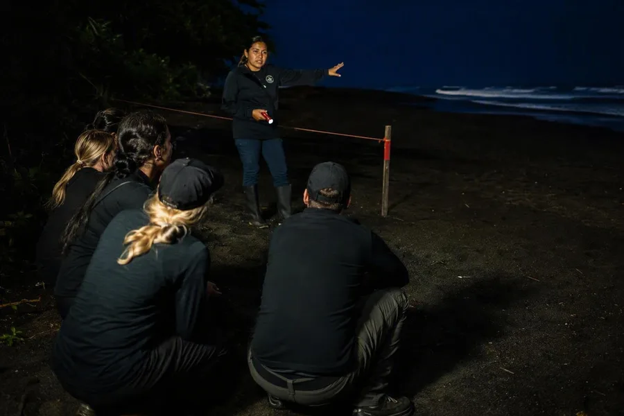 Bezoekers wachten met een geaccrediteerde gids op een schildpaddenobservatie op het strand van Tortuguero.